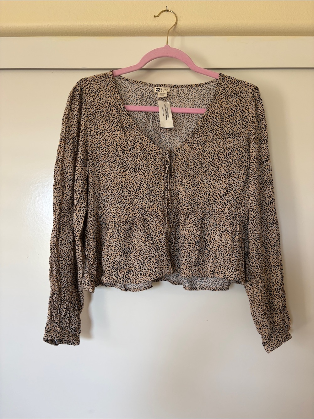 Billabong Beige and Black Animal-Print Peasant Blouse